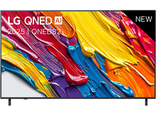 Charger l&#39;image dans la galerie, TV LG QNED AI. Écran avec art abstrait coloré. Nouvelle étiquette en haut à droite.
