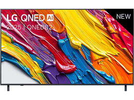 TV LG QNED AI. Écran avec art abstrait coloré. Nouvelle étiquette en haut à droite.