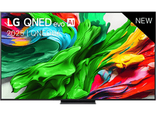 Charger l&#39;image dans la galerie, Un téléviseur LG QNED evo AI sur pied, avec un fond noir et des formes abstraites colorées.
