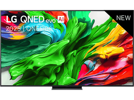 Un téléviseur LG QNED evo AI sur pied, avec un fond noir et des formes abstraites colorées.