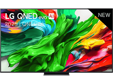 Un téléviseur LG QNED evo AI sur pied, avec un fond noir et des formes abstraites colorées.