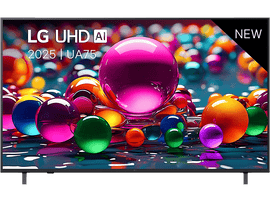 Un téléviseur LG UHD AI moderne, avec un arrière-plan coloré de sphères et une étiquette 