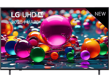 Un téléviseur LG UHD AI moderne, avec un arrière-plan coloré de sphères et une étiquette 'NOUVEAU'.