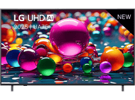 Un téléviseur LG UHD AI moderne, avec un arrière-plan coloré de sphères et une étiquette 'NOUVEAU'.