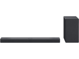 Barre de son et caisson de basses LG sur fond noir. La barre de son est gris foncé.