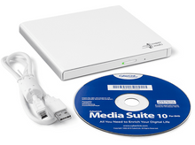 Charger l&#39;image dans la galerie, Un lecteur CD/DVD portable blanc avec un câble USB et un disque CyberLink Media Suite 10 sur une surface blanche.
