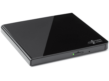 Un lecteur DVD externe noir et rectangulaire avec une lumière verte et les mots 