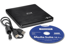 Charger l&#39;image dans la galerie, Lecteur Blu-ray noir avec câble et CD. Disque Blu-ray avec texte. Fond blanc.
