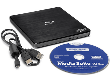 Lecteur Blu-ray noir avec câble et CD. Disque Blu-ray avec texte. Fond blanc.