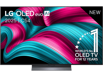 Téléviseur LG OLED evo AI avec un design abstrait rose et bleu vibrant à l'écran.