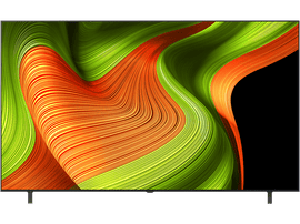 Un écran de télévision moderne affichant un motif abstrait avec des couleurs orange et vert.