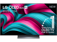 Le téléviseur LG OLED evo AI 2025 C54 affiche des vagues roses et turquoise vibrantes sur un cadre sombre et élégant.