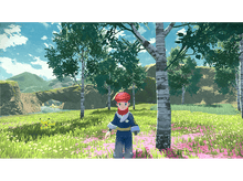 Charger l'image dans la galerie, Une personne en tenue bleue et chapeau rouge se tient dans une forêt avec Pikachu.
