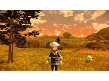 Charger l'image dans la galerie, Une personne dans un jeu. Un personnage debout dans un champ avec des arbres et un coucher de soleil en arrière-plan.
