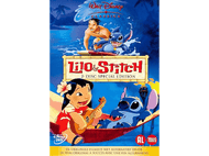Couverture DVD Lilo & Stitch : Lilo joue du ukulélé. Stitch et un surfeur sur l'eau. Couleurs bleues et orange.