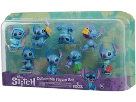 Ensemble de huit figurines Stitch bleues dans un emballage plastique transparent. Chaque figurine a une pose différente.
