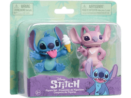 Figurines Disney Stitch et Angel dans un emballage plastique. Les deux sont respectivement bleus et roses.