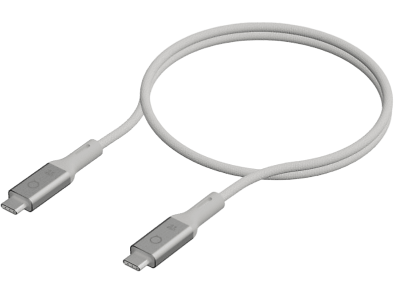 Un câble USB-C blanc avec des connecteurs argentés sur fond noir.