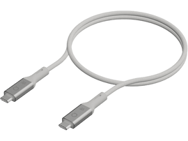 Un câble USB-C blanc avec des connecteurs argentés sur fond noir.