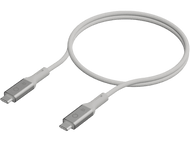 Un câble USB-C blanc avec des connecteurs argentés sur fond noir.