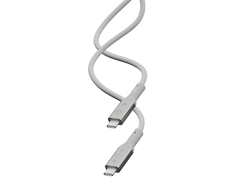L'image montre un câble USB-C, blanc avec des extrémités argentées.