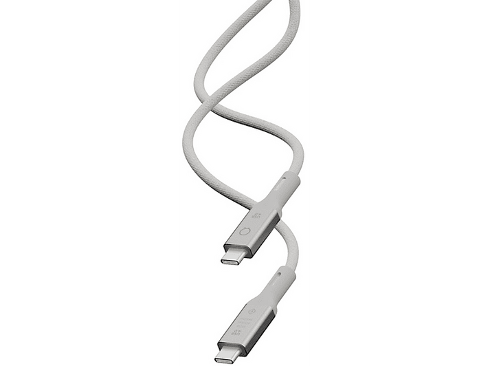 L'image montre un câble USB-C, blanc avec des extrémités argentées.
