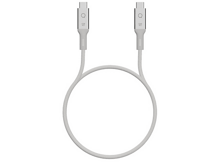 Un câble USB-C gris avec deux connecteurs, sur fond blanc.