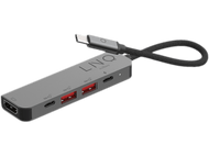 Hub USB-C gris avec plusieurs ports. Câble tressé noir attaché. Ports USB rouges visibles.