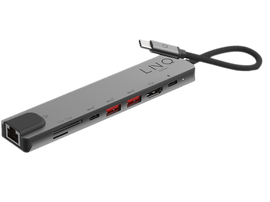 Un hub USB-C gris avec plusieurs ports et un câble connecté.