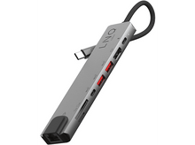 Charger l&#39;image dans la galerie, Hub USB-C argenté avec plusieurs ports, dont USB, HDMI et fente pour carte SD.
