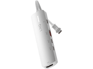 Hub USB-C blanc avec plusieurs ports, un câble, et la marque 'LNQ' est visible.