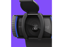 Charger l&#39;image dans la galerie, Vue rapprochée d&#39;une webcam noire avec des accents bleus sur fond violet.
