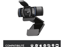 Charger l&#39;image dans la galerie, Webcam noire avec support noir et icônes de compatibilité en bas.
