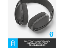 Charger l&#39;image dans la galerie, Casque noir avec logo Bluetooth et texte sur fond clair. Le casque est incliné.
