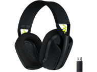 Casque sans fil noir avec oreillettes, bandeau et accents jaunes. Comprend un adaptateur USB.