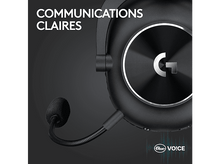 Charger l&#39;image dans la galerie, Casque noir avec micro et logo. Texte : Communications claires.
