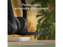 Charger l&#39;image dans la galerie, Gros plan d&#39;un casque noir sur un support blanc. Texte en français : &quot;Faites-vous entendre clairement&quot;.
