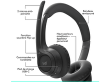 Charger l&#39;image dans la galerie, Casque noir avec parties étiquetées: micro, commandes, port et arceau rembourré.
