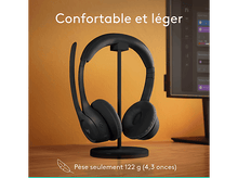 Charger l&#39;image dans la galerie, Casque noir sur support. Texte : &#39;Confortable et léger&#39; et &#39;Ne pèse que 122 g&#39;.
