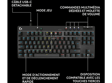 Charger l&#39;image dans la galerie, Un clavier de jeu noir avec des touches étiquetées, des fonctionnalités mises en évidence et des commandes multimédias.
