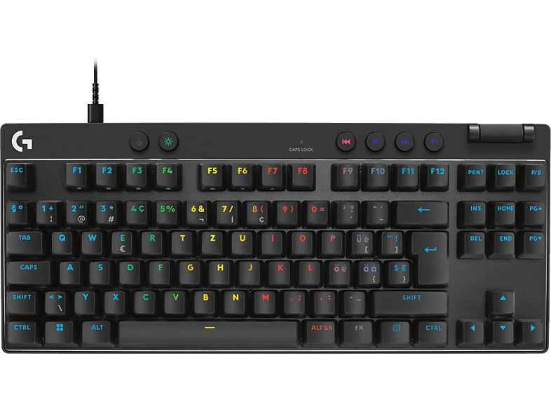 Clavier mécanique noir avec des touches blanches, avec diverses touches de fonction.
