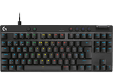 Clavier mécanique noir avec des touches blanches, avec diverses touches de fonction.