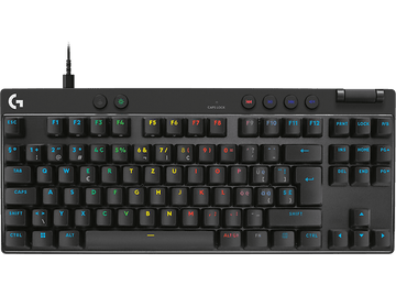 Clavier mécanique noir avec des touches blanches, avec diverses touches de fonction.