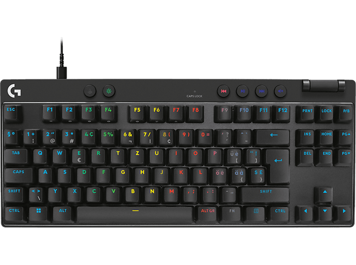 Clavier mécanique noir avec des touches blanches, avec diverses touches de fonction.