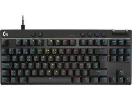 Clavier mécanique noir avec des touches blanches, avec diverses touches de fonction.