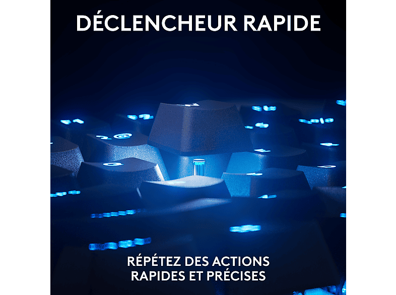 Gros plan d'un clavier avec touches éclairées, texte en haut et en bas.