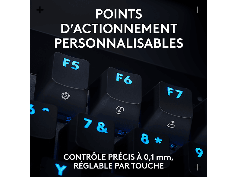 Clavier noir avec touches de fonction bleues éclairées.