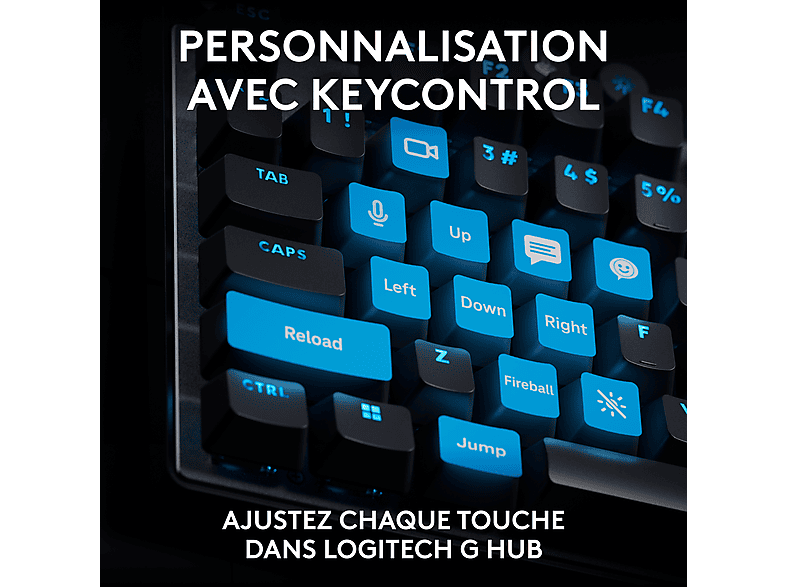Gros plan sur le clavier, avec des touches bleues en surbrillance. Texte en français sur la personnalisation.