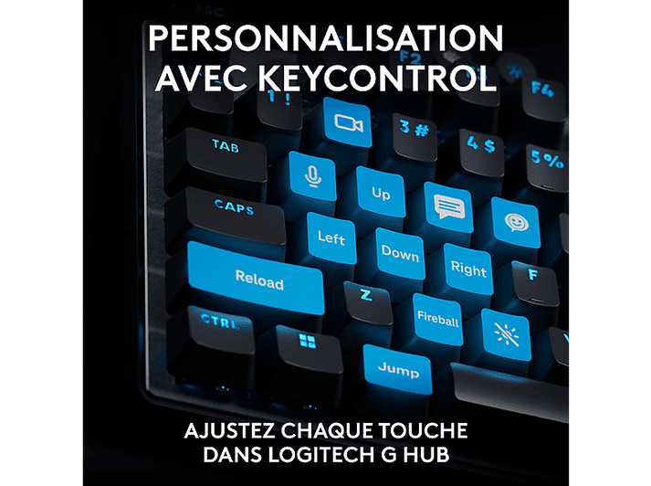 Gros plan sur le clavier, avec des touches bleues en surbrillance. Texte en français sur la personnalisation.