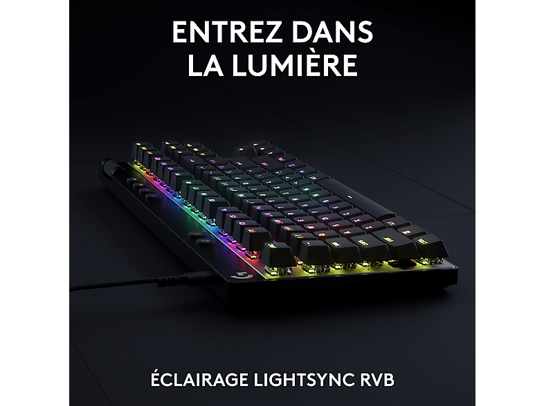 Clavier noir avec touches éclairées de différentes couleurs. Il est sur fond sombre avec du texte.